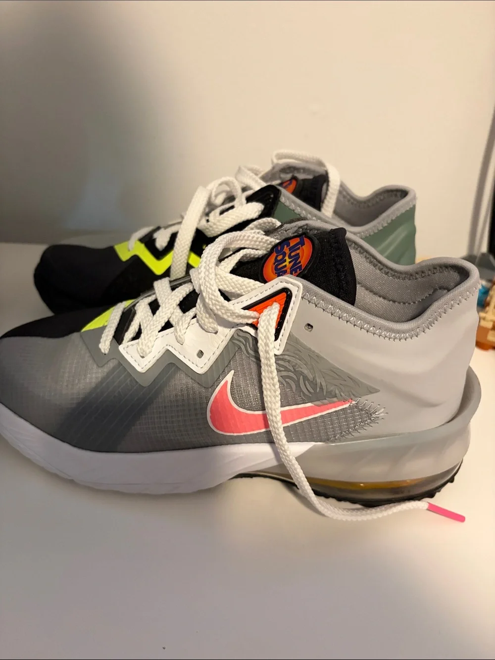 Nike Kids Grey Sneakers with Pink Swoosh and Neon Accents
